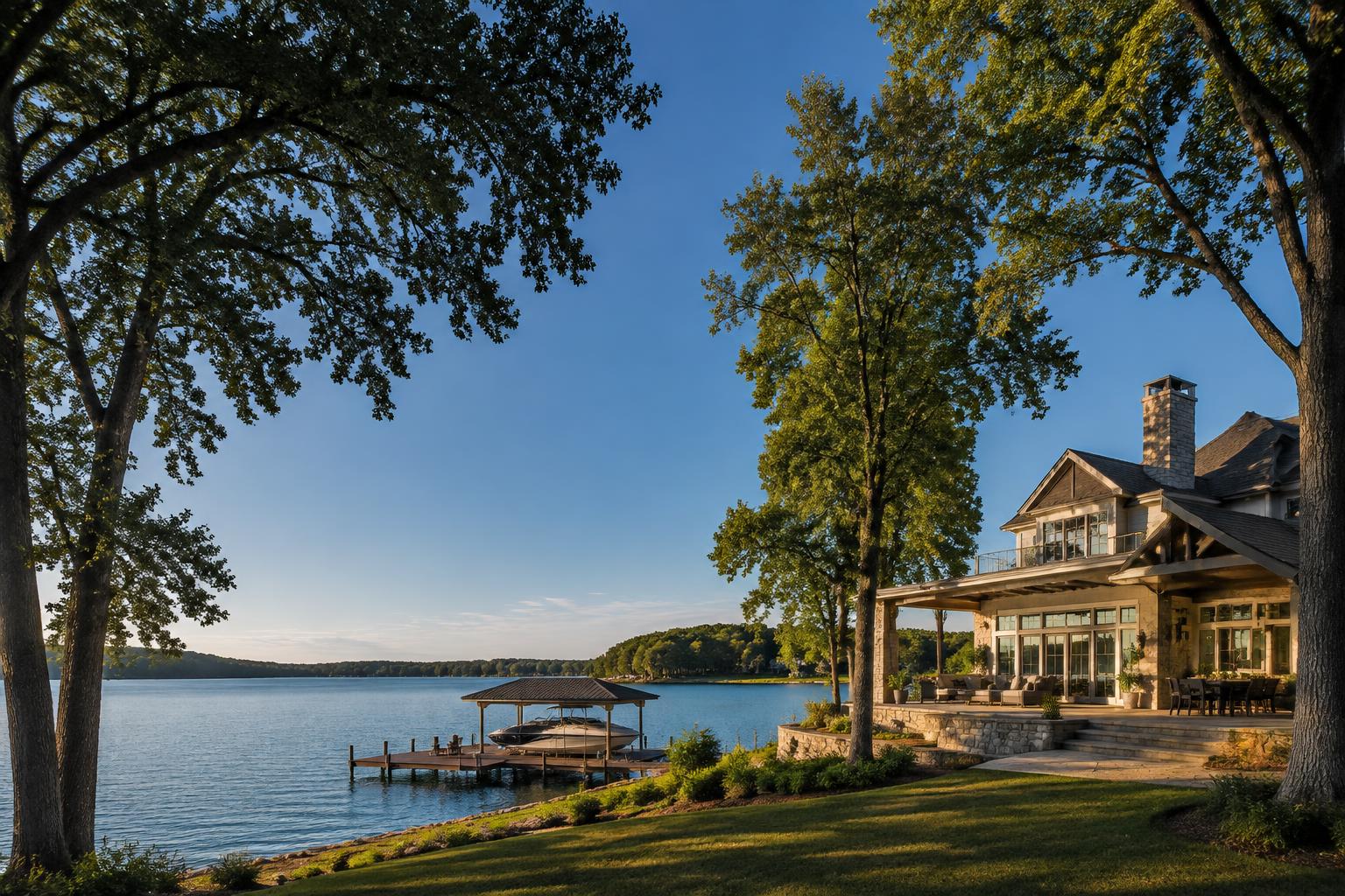 Custom lakeside home framed by oak trees in Cornelius